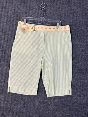 Calça Capri Feminina Kim Rogers Tamanho 14 Listrada Verde Seersucker Preppy Cinto Flamingo - Imagem 1 de 4
