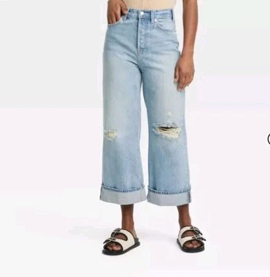 Pantalones de mezclilla para mujer de tiro medio recortados vintage pierna ancha hilo universal relajado puños Foto 1 de 4