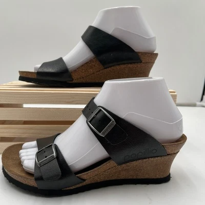 Sandálias anabela de couro preto Papillio by Birkenstock tamanho 37 palmilha de cortiça - Imagem 1 de 4