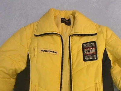 Vintage Porsche Team Racing Jacket Yellow Black Puffer Style Auto Large Patch - Image 1 of 4