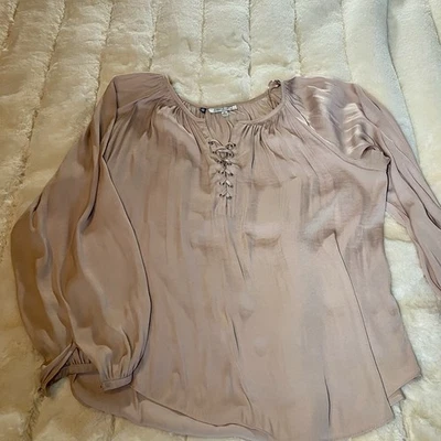 Jennifer Lopez Blouse Womens Medium Beige Lace Up Front Long Sleeve Boho Top - Image 1 of 3