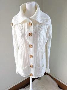 Vintage Cable Knit Cardigan Sweater Womens Size M Cream Office Core 60s  - Picture 1 of 17
