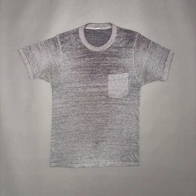 复古 20 世纪 70 年代分散灰色口袋 T 恤穿磨砂倦怠 70 年代 L — 第 1/4 张图片