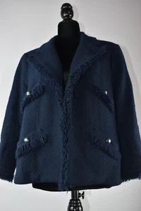 VTG Chanel Collection 28 Sz 44 Navy Suit Open Blazer Skirt CC Logo Button Fringe - Picture 1 of 24