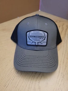GRAY Born And Raised Call Co Hunting Baseball Cap Hat Roseburg OREGON Elk Horn X - Picture 1 of 7