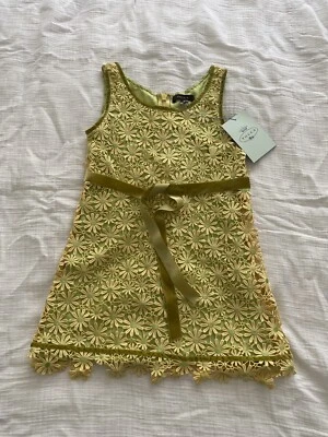 Tocca girl's dress, yellow daisy cut-out design over green satin, Size 4 - Image 1 of 4