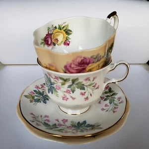 2 Set Queen Anne Fine China England Tea Cup&Saucer Floral Design White& Peach - Picture 1 of 23
