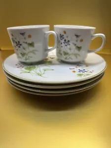 Luncheon Sets 2 Cups 4 Plates Forget-Me-Not Made in Japan Purple Orange Vintage - Picture 1 of 16