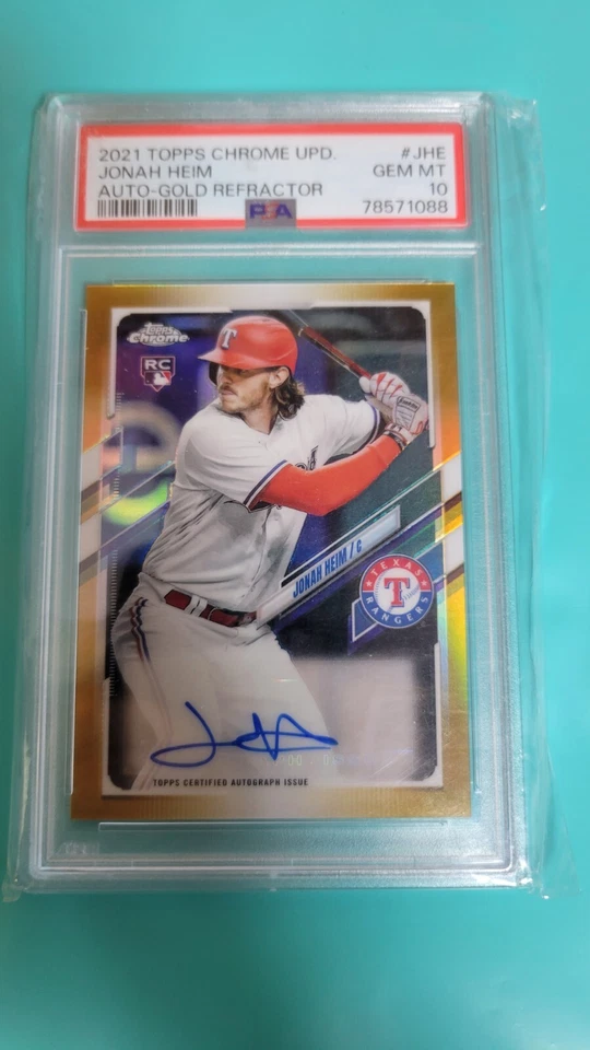 2021 Topps Chrome Autograph Gold Refractor Jonah Heim 1 Of 1 Jersey Match POP 4 - Image 1 of 2