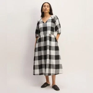 NWT EVERLANE Flax Linen Black/White Oversized Puff Sleeve Plaid Midi Dress Small - Picture 1 of 16