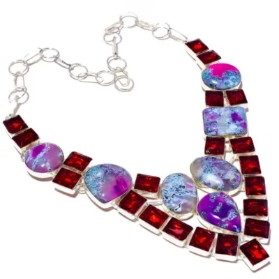 Collar Hecho a Mano Cabujón Rosa Musgo Ágata, Faceta Apatita Roja Mexicana Piedras Preciosas Foto 1 de 4