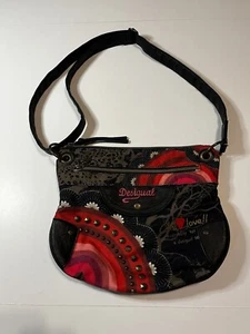Desigual Brooklyn Embroidered Canvas Leather Crossbody Shoulder Bag Red Black - Picture 1 of 10