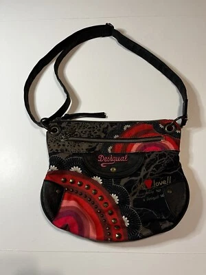 Bolso Bandolera Desigual Brooklyn Bordado Lona Cuero Rojo Negro Foto 1 de 4