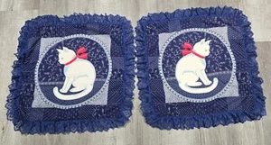 Pair 2 Kitty Cat Throw Pillow Covers Blue Quilted Ruffle Lace 18 X 16 in. Home - Picture 1 of 4
