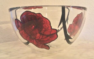KOSTA BODA "TATOO" 9" Round Bowl. Large Red Flower On Clear. Handpainted Sweden. - Picture 1 of 14