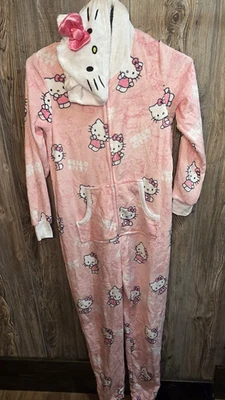 Pijama de una pieza Hello Kitty para mujer pequeño rosa imitación piel ropa para dormir con capucha disfraz Foto 1 de 4
