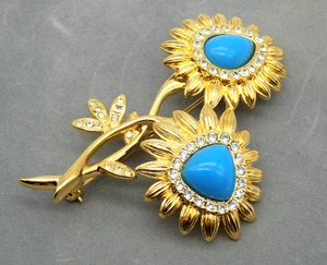 Broche prendedor flores vintage NOLAN MILLER vidrio turquesa y cristales - Imagen 1 de 5
