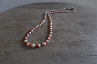 Vintage 1950's Pearl & Coral Necklace Silver Clasp - Image 1 of 4