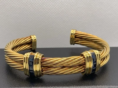 Brazalete David Yurman Doble Cable Oro Amarillo 18K Estación Zafiro 6.5" Foto 1 de 4