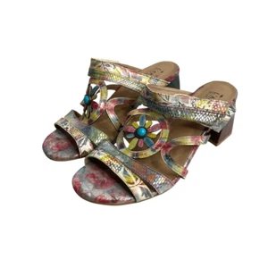 L’Artiste floral block heel slide sandals heels Size 39 turquoise boho artsy - Picture 1 of 13