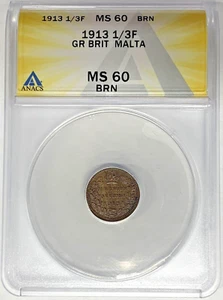 1913 Great Britain 1/3 Farthing Coin ANACS MS 60 BN - Picture 1 of 2