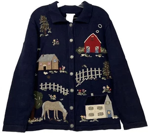 Cárdigan vintage para mujer Northern Reflections talla azul granja y caballo - Imagen 1 de 16