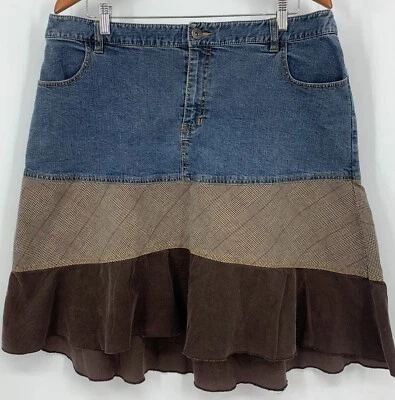 Style & Co 女式牛仔裙 16 码蓝色棕色分层荷叶边灯芯绒秋季二手状况完好 — 第 1/4 张图片