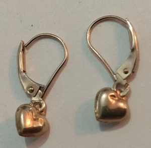 Vintage 10K Gold Leaverback Dangle Heart Earrings "DENTED" - Picture 1 of 11