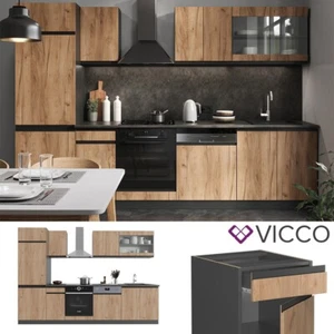 Küchenzeile Küchenblock Einbauküche R-Line J-Shape Anthrazit Eiche 300 cm Vicco - Bild 1 von 7