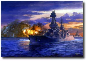 Prueba de artista "Pacific Lone Star" - Tom Freeman - USS Texas Bombards Iwo Jima 1945 - Imagen 1 de 1