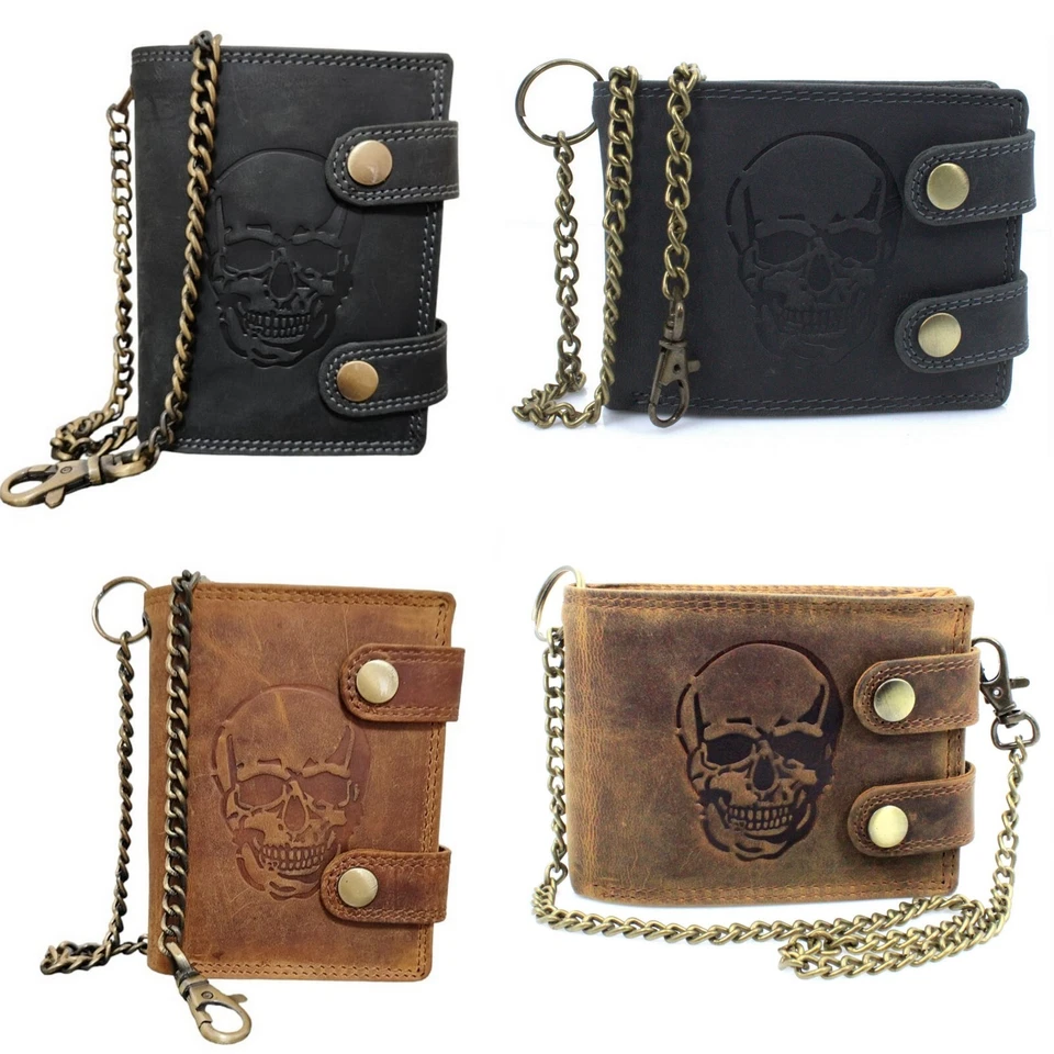 RFID Echt Leder Geldbörse Totenkopf Skull mit Hosenkette Portemonnaie Portmonee - Bild 1 von 1
