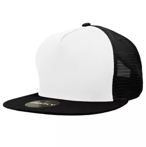 5 Panel Flat Bill Trucker Cap - White & Black Snapback (Decky 1040-WHT_BLK, New) - Picture 1 of 4
