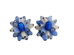 Vintage Japan Art Glass Cluster Clip Earrings In Shades of Blue - Picture 1 of 7
