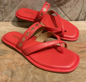 Michael Michael Kors Women’s Sz 7 M Alba Slide Sandal In Dahlia/Gold MK Logo NEW - Picture 1 of 5