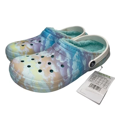 Crocs Clásico Forrado Zueco Zapatos Mujer 8 Niños J6 Pastel Tie Dye Nubes Arco Iris Foto 1 de 4