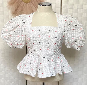 Hunter Bell weiß mit rot blau Gingham Puff Ballonärmel Rüschen Top Gr. 4 - Bild 1 von 14