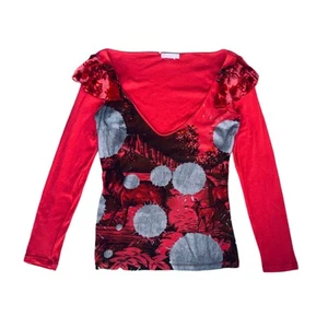 Y2K Custo Barcelona Graphic Long Sleeve Tee Top Deer Circle Ruffle Off Shoulder - Picture 1 of 14