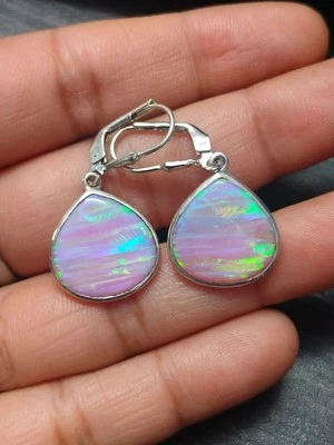 Orecchini pendenti in argento sterling 925 rosa fuoco aurora opale a leva... - Immagine 1 di 4