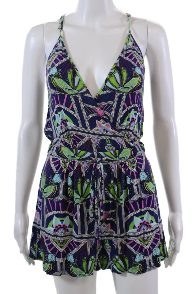 Mara Hoffman Womens Spaghetti Strap Scoop Neck Abstract Romper Blue Multi XS - Image 1 of 4