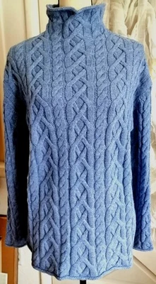 复古粗线针织毛衣女式 M 棉羊毛蓝色高领 — 第 1/3 张图片