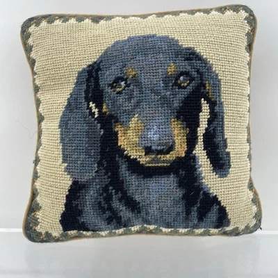 Handmade Wool Needlepoint Dachshund Dog Pillow 10x10 Velvet Back Zipper - Image 1 of 4