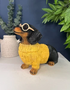 Chic Sausage Dog Figurine in Yellow Knit Sweater & Sunglasses - Picture 1 of 7