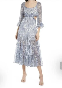 RAHI Womens Blue Tie Lined 3/4 Sleeve Midi Evening Fit + Flare Dress XS - Picture 1 of 12