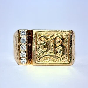 14K Yellow Gold Scroll 0.15ctw Diamond Old English "B" Letter Sz 10.5 Ring 10.8g - Picture 1 of 8