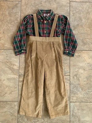 Pantalones de pana marrón Good Lad Boys 4T con tirantes y camisa a cuadros conjunto vacaciones Foto 1 de 4