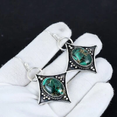 Rame Malachite Gemma a Mano 925 Argento Sterling Gioielli Orecchini per Regalo - Immagine 1 di 4