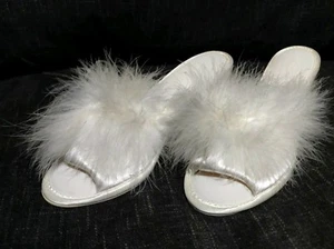 Vintage Madye's White Satin Feathers Wedge Bombshell Pin Up Girl Sexy Slippers - Picture 1 of 6