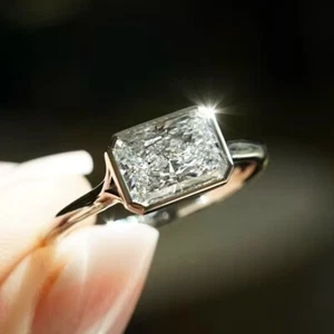 2.70 TCW Radiant Cut Moissanite East West Engagement Ring 14K White Gold Plated - Picture 1 of 10