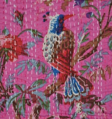 Kantha Cotton Bedsheet Indian Floral Design Bedding Home Room Decor Flat Sheet - Image 1 of 4