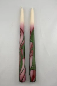Vintage Set Of 2 Hand Dipped Marble Swirl Taper Candles MCM 11” Pink & Green Art - Picture 1 of 7